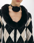 Diamond pattern cardigan with faux fur collar