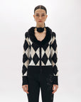 Diamond pattern cardigan with faux fur collar