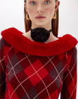 Diamond pattern sweater with faux fur collar