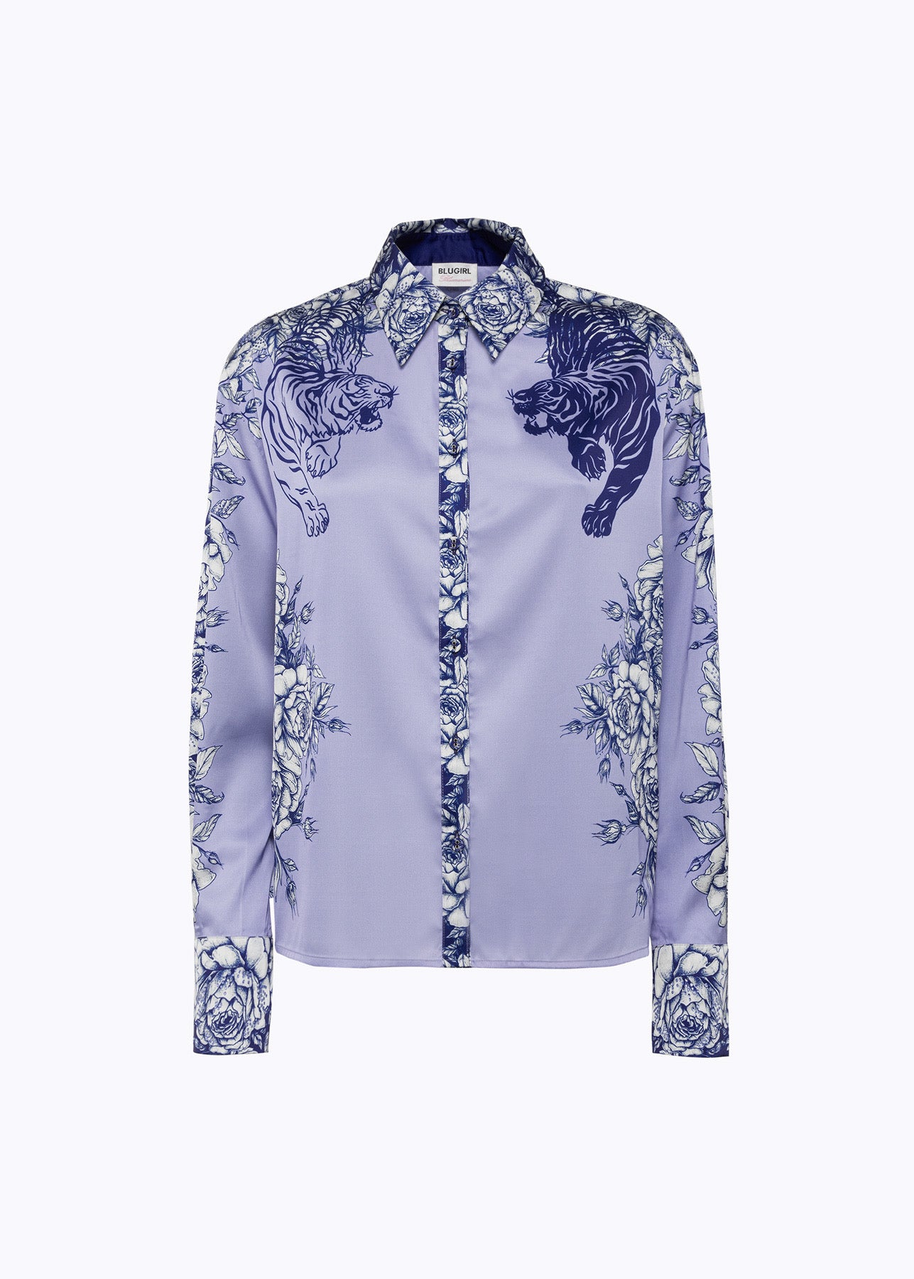 Printed satin shirt with rhinestones