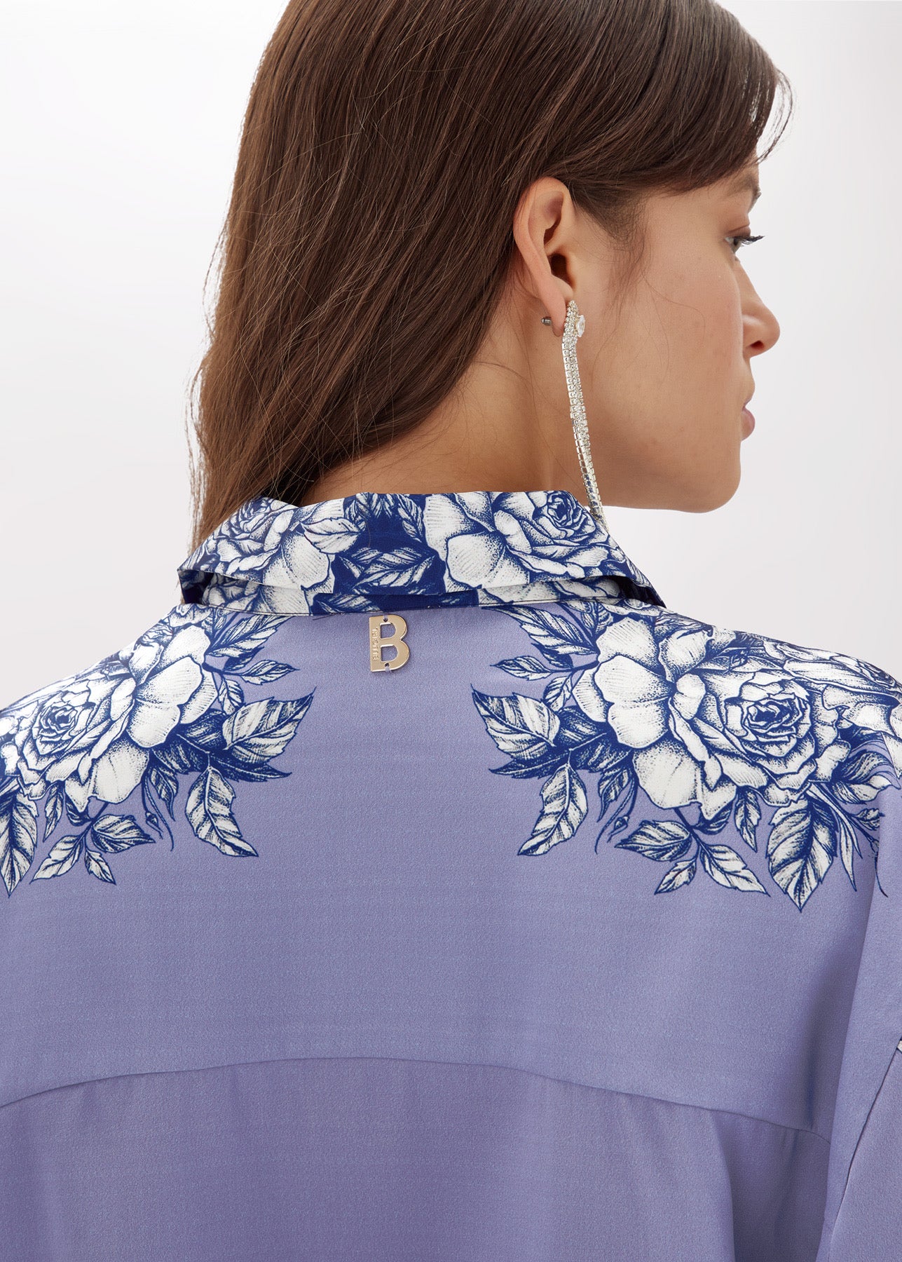 Printed satin shirt with rhinestones