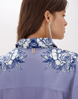 Printed satin shirt with rhinestones