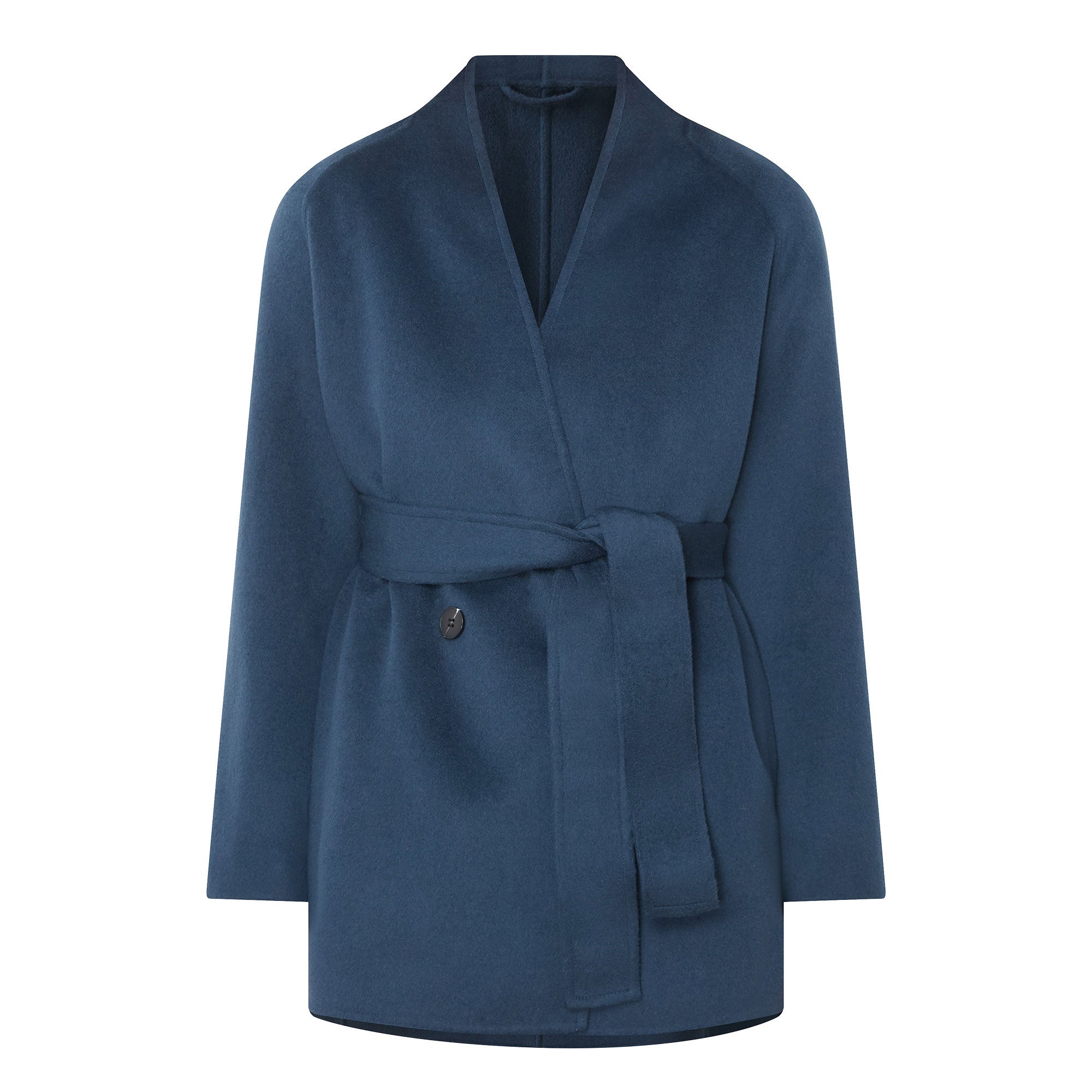 MiLA Βoutique Vetro navy blue virgin wool wrap coat with a belted waist, shawl collar, and double-breasted design.