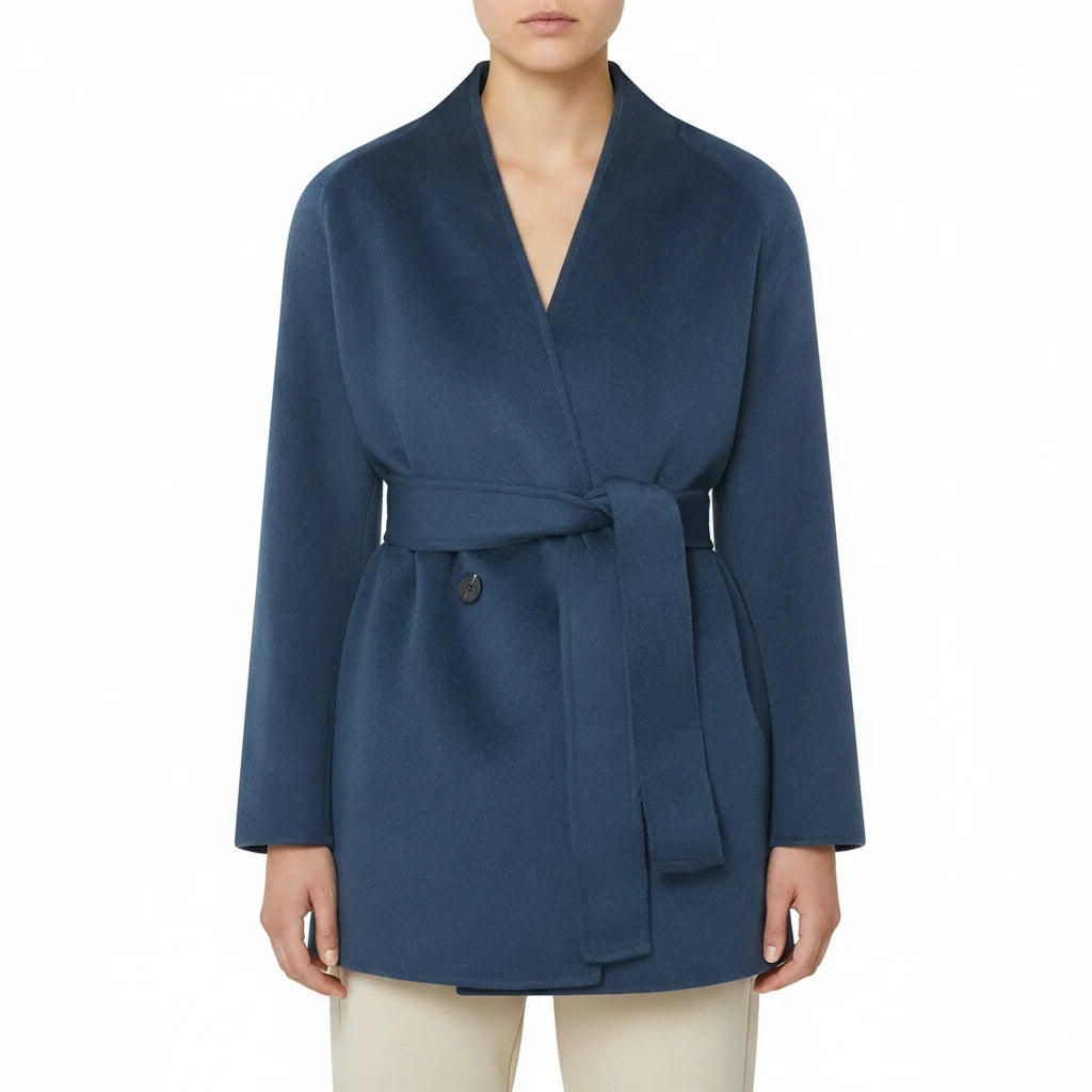 MiLA Βoutique Vetro blue virgin wool wrap coat with a shawl neckline, belted waist, and dropped shoulders.
