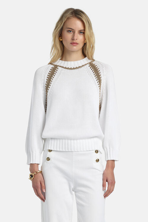 MiLA Boutique white cotton raglan sweater with intricate gold fan-stitch embellishments on the neckline and sleeves.