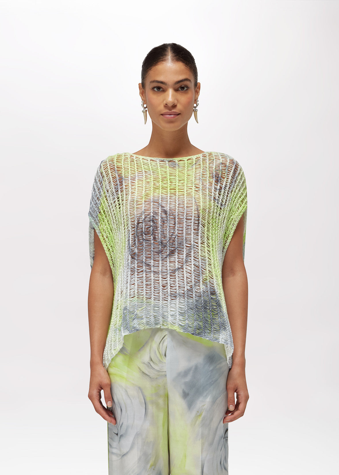 MiLA Βoutique mesh knit top with rose print, short kimono sleeves, and a relaxed boxy silhouette in lime green and grey.