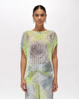 MiLA Βoutique mesh knit top with rose print, short kimono sleeves, and a relaxed boxy silhouette in lime green and grey.