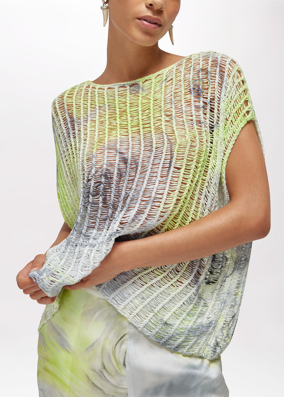 MiLA Βoutique mesh knit top with short kimono sleeves and a rose print in white, grey, and lime green.
