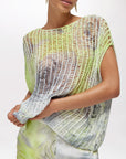 MiLA Βoutique mesh knit top with short kimono sleeves and a rose print in white, grey, and lime green.