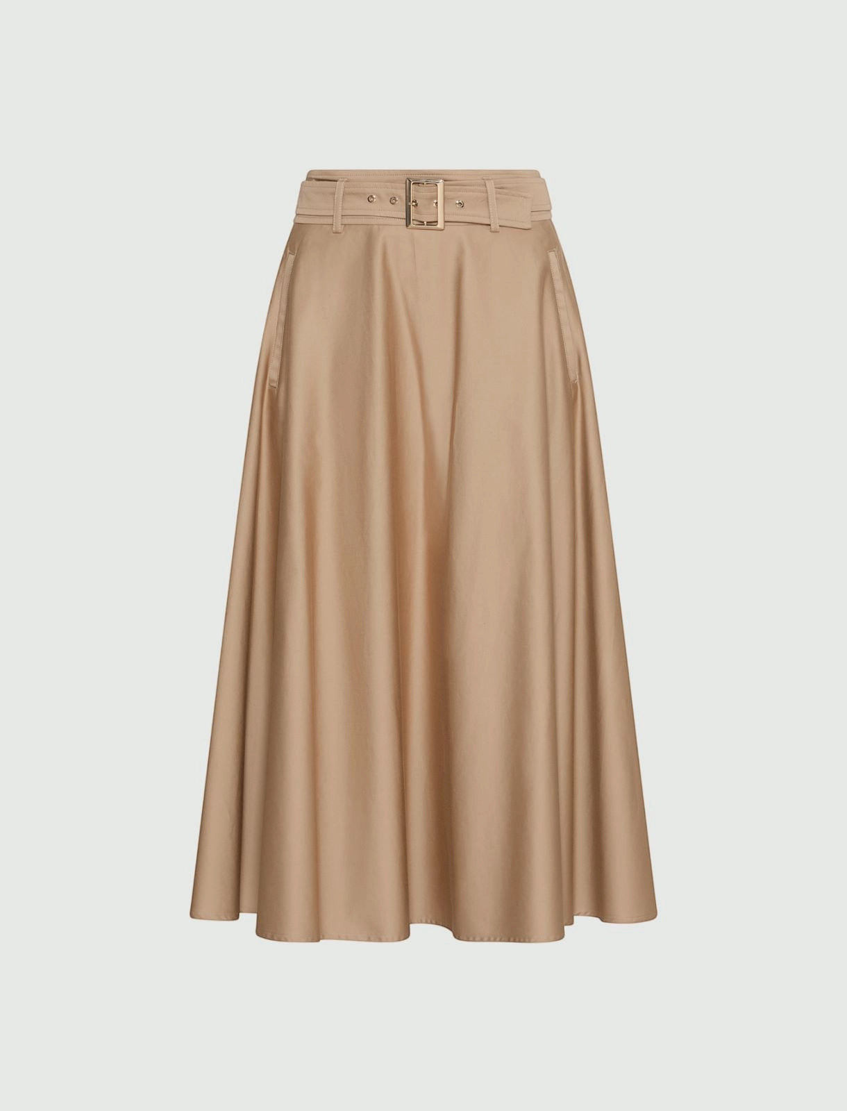 MiLA Boutique beige water-repellent stretch cotton satin circle skirt with belt and pockets