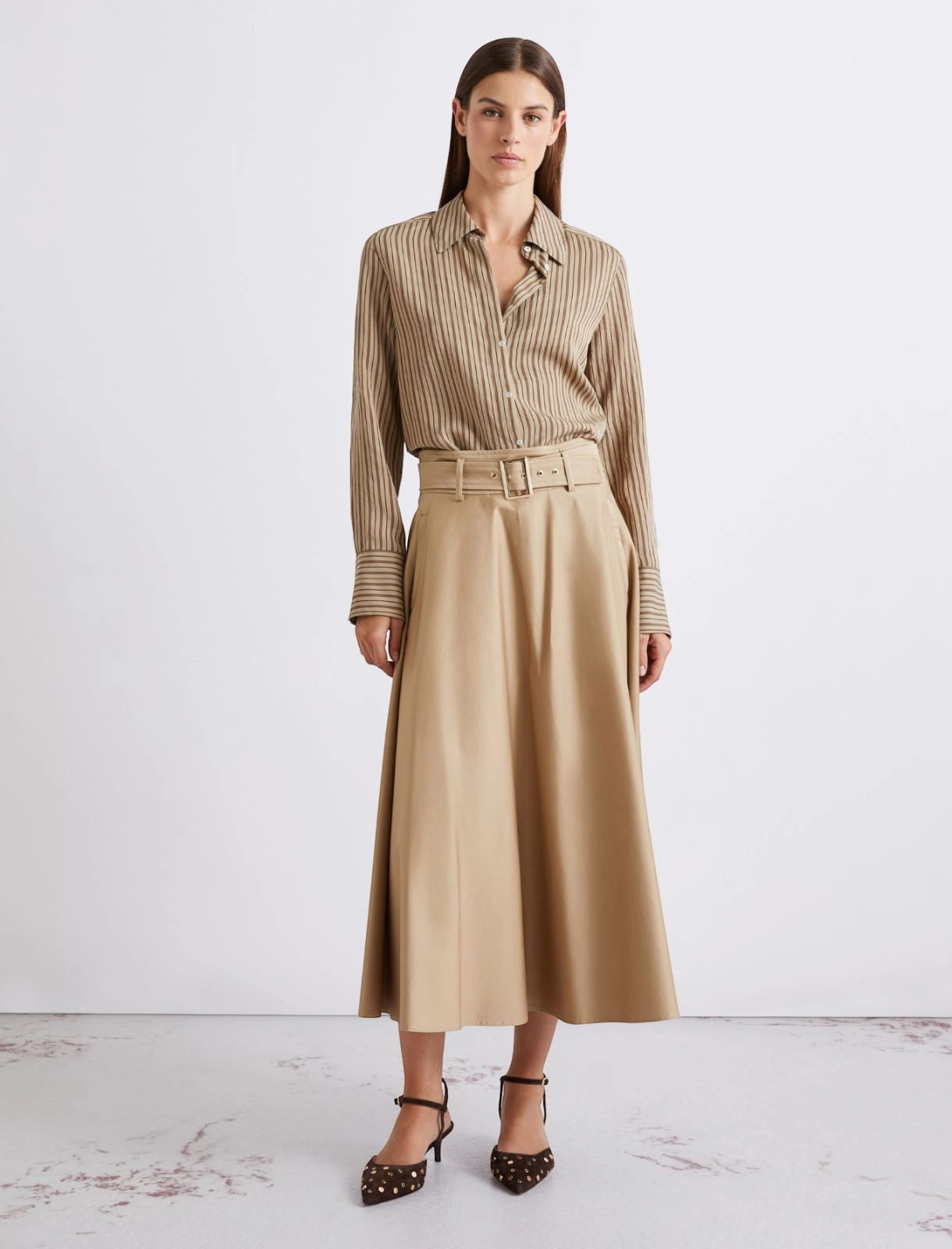 MiLA Boutique beige water-repellent stretch cotton satin circle skirt with belt and pockets