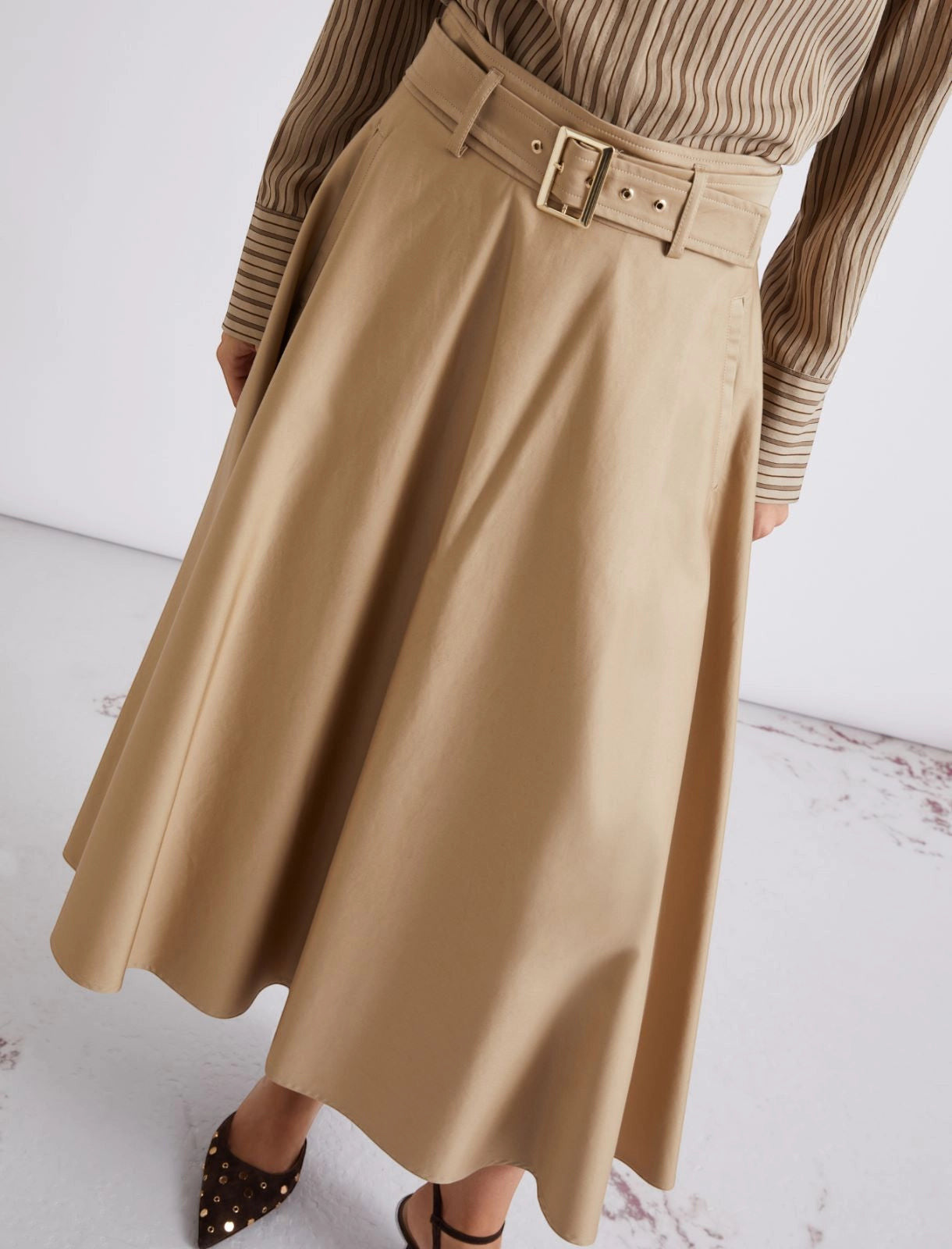 MiLA Boutique beige water-repellent stretch cotton satin circle skirt with belt and pockets.