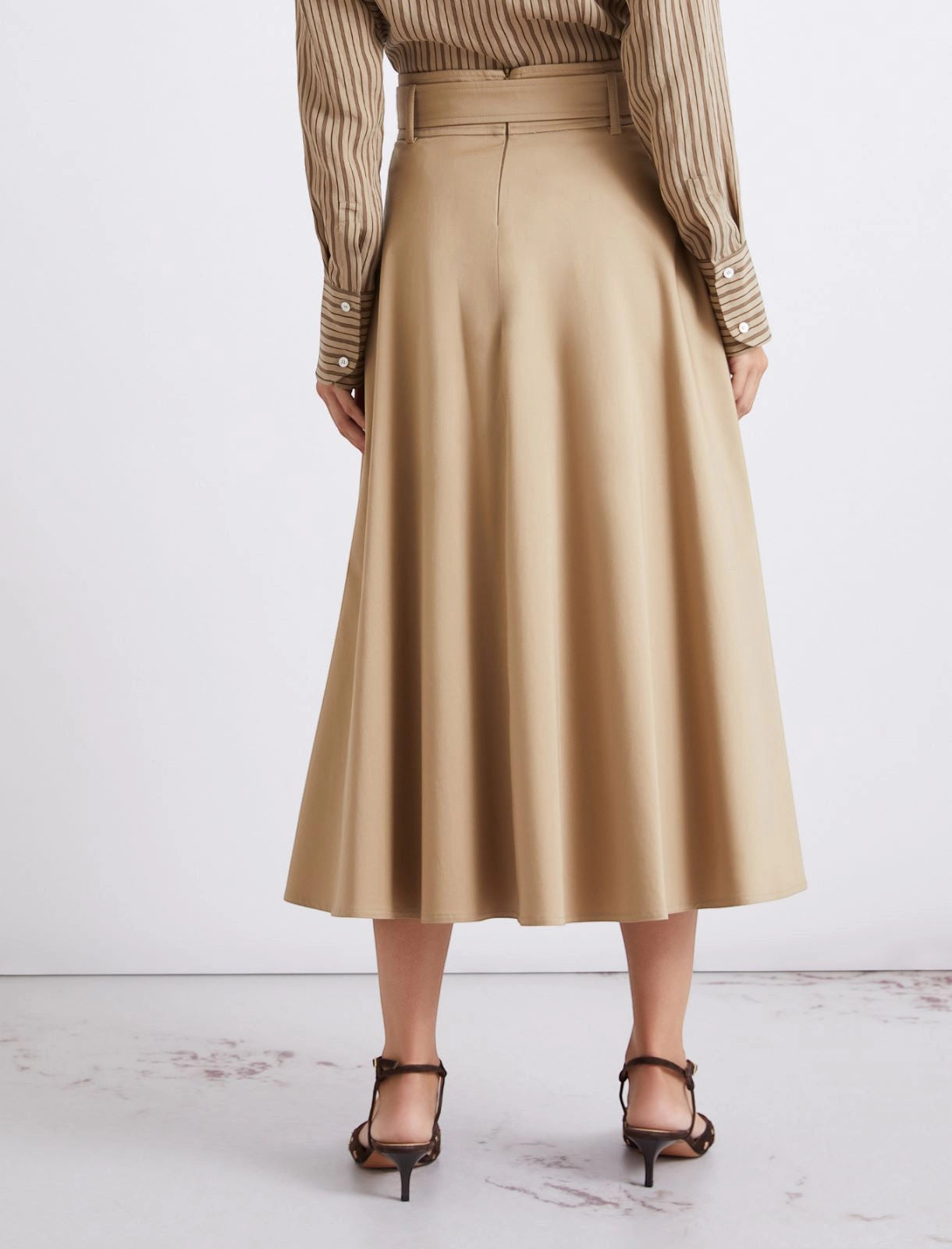 MiLA Boutique beige water-repellent stretch cotton satin circle skirt with belt and pockets.
