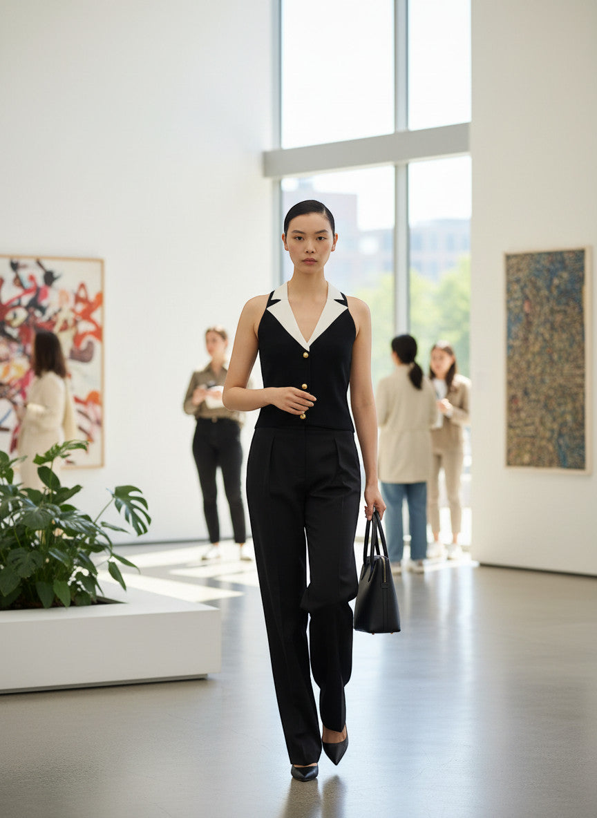 MiLA Boutique black sleeveless knit top with white contrast collar, V-neck, and gold buttons. Model wears black trousers.