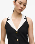 MiLA Boutique sleeveless black knit top with white collar and gold button detail