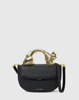 MiLA Boutique black leather Choupette top handle bag with gold cat-shaped handle and detachable strap.