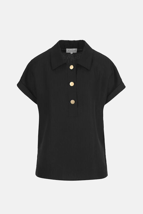 MiLA Boutique black linen polo shirt with gold buttons, cap sleeves, and turn-up cuffs.