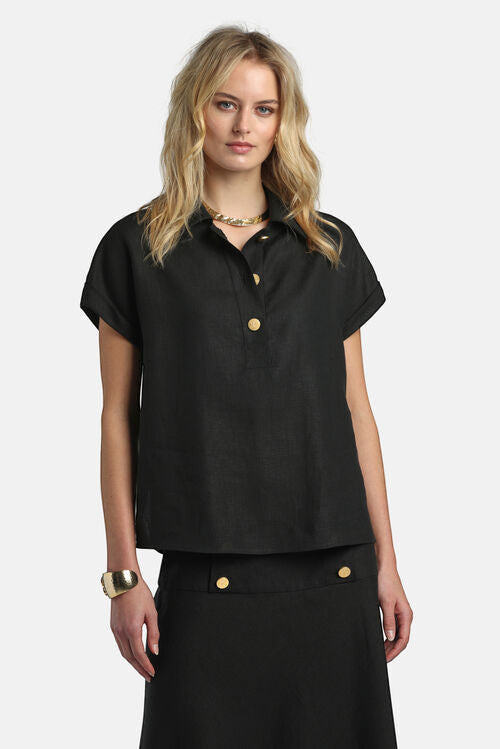 MiLA Boutique black linen shirt with gold buttons, polo collar, cap sleeves, and straight hem.