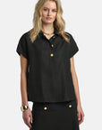 MiLA Boutique black linen shirt with gold buttons, polo collar, cap sleeves, and straight hem.