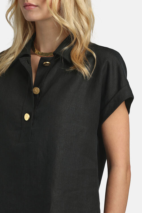 MiLA Boutique black linen shirt with gold buttons, polo collar, cap sleeves, and turn-up cuffs. Regular fit.