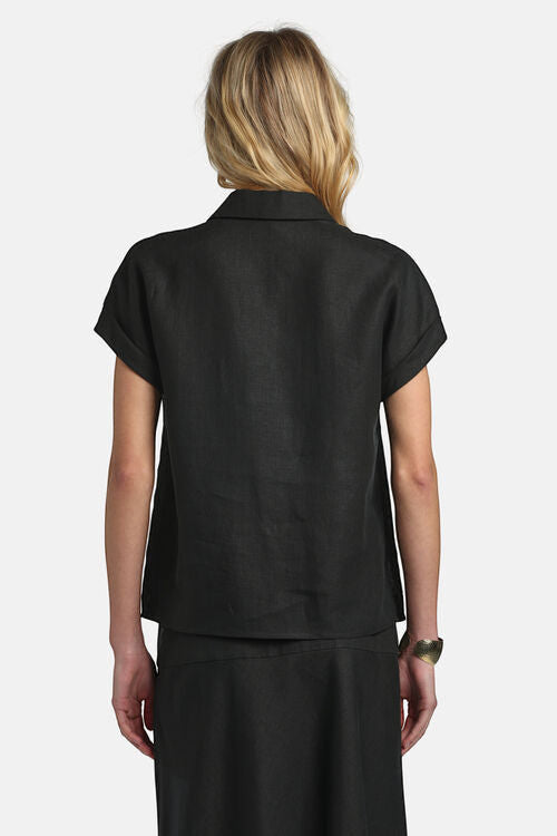 MiLA Boutique black linen shirt with polo collar, cap sleeves, and gold-tone buttons. Regular fit.