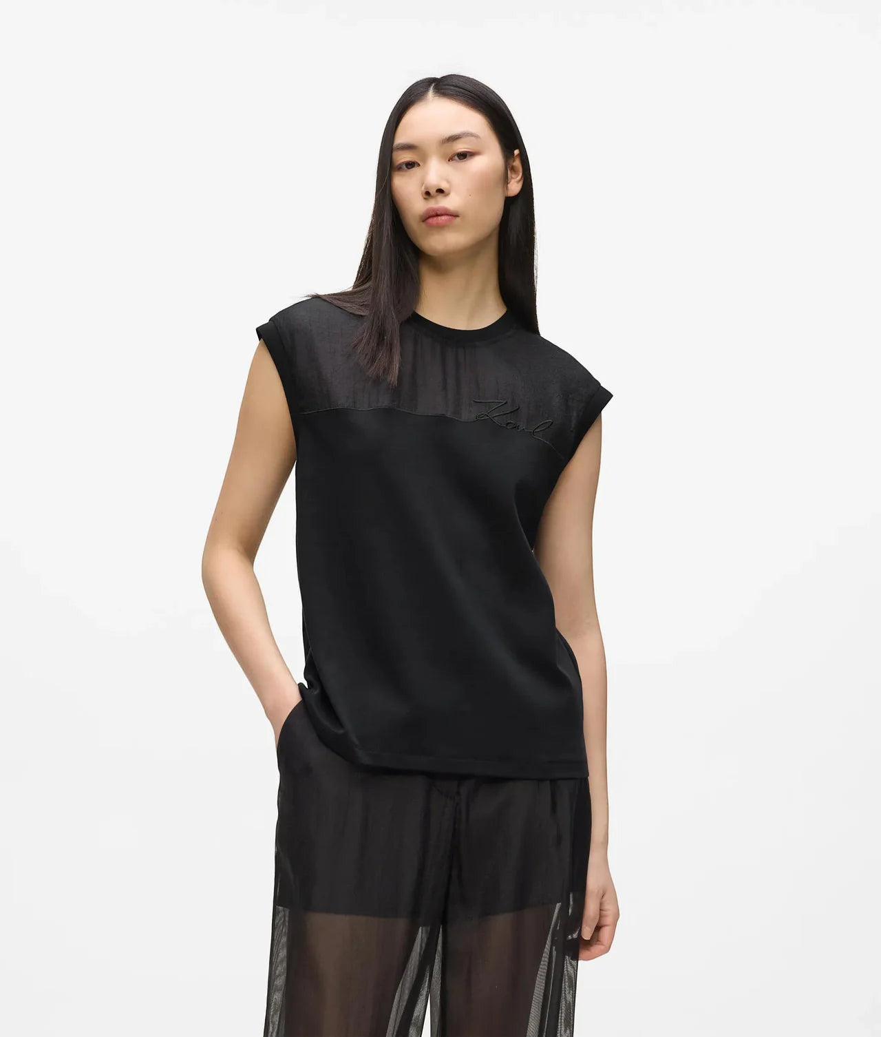 MiLA Boutique black sleeveless organza panel tank top with signature embroidery and crew neckline.