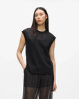 MiLA Boutique black sleeveless organza panel tank top with signature embroidery and crew neckline.