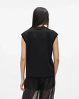 MiLA Boutique black sleeveless organza panel tank top with signature embroidery. Crew neckline, sheer upper panel.