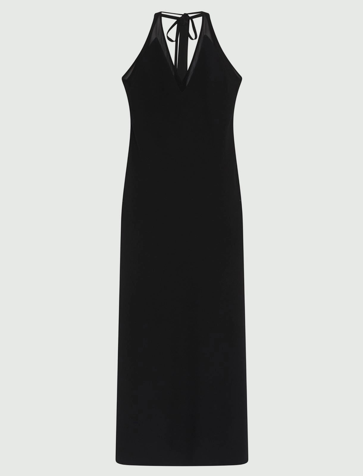 MiLA Boutique black long envers satin dress with halterneck, plunging neckline, and georgette details.