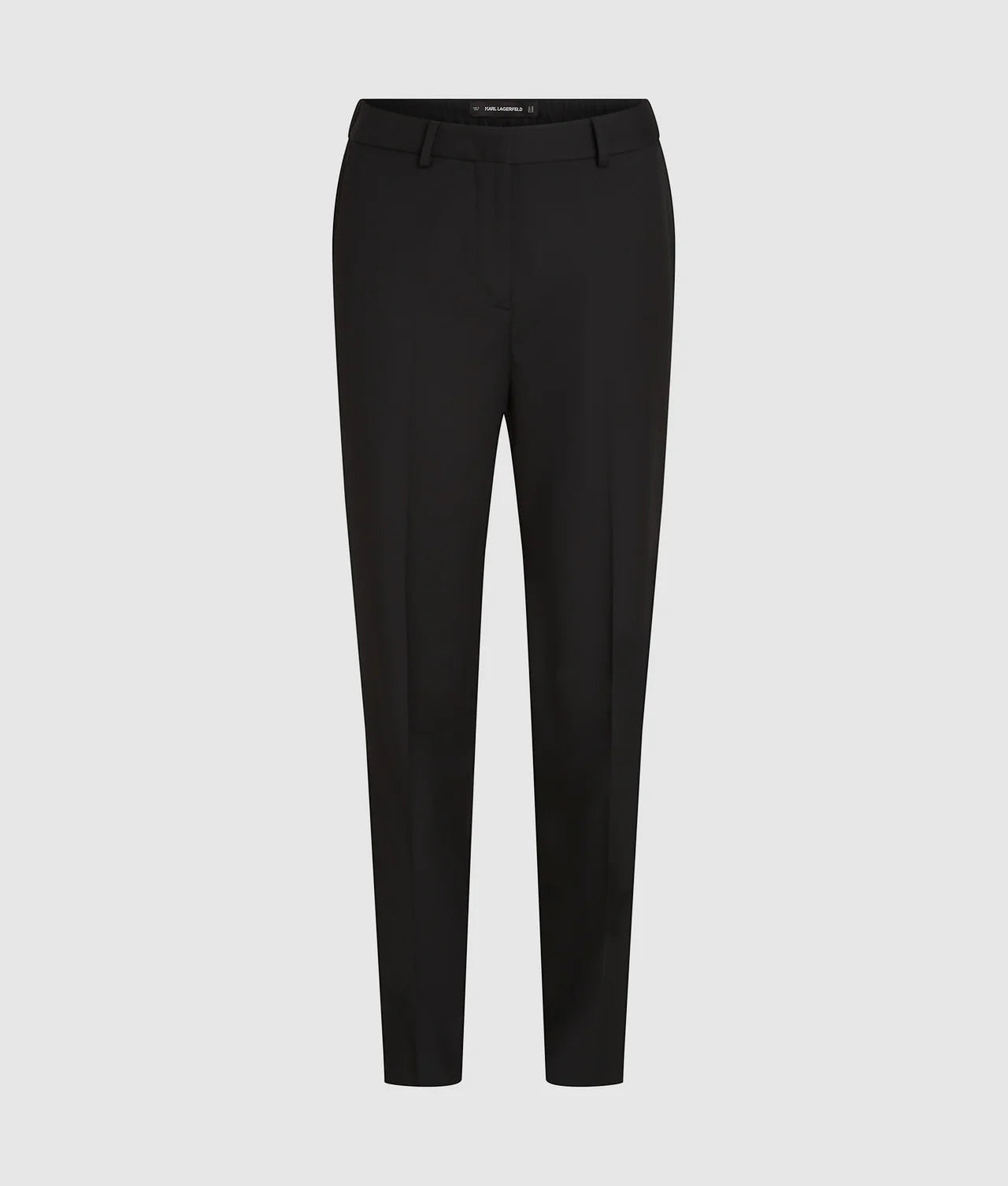 MiLA Boutique black wool-blend tailored pants with hook-and-eye closure and Karl Lagerfeld logo rivet.