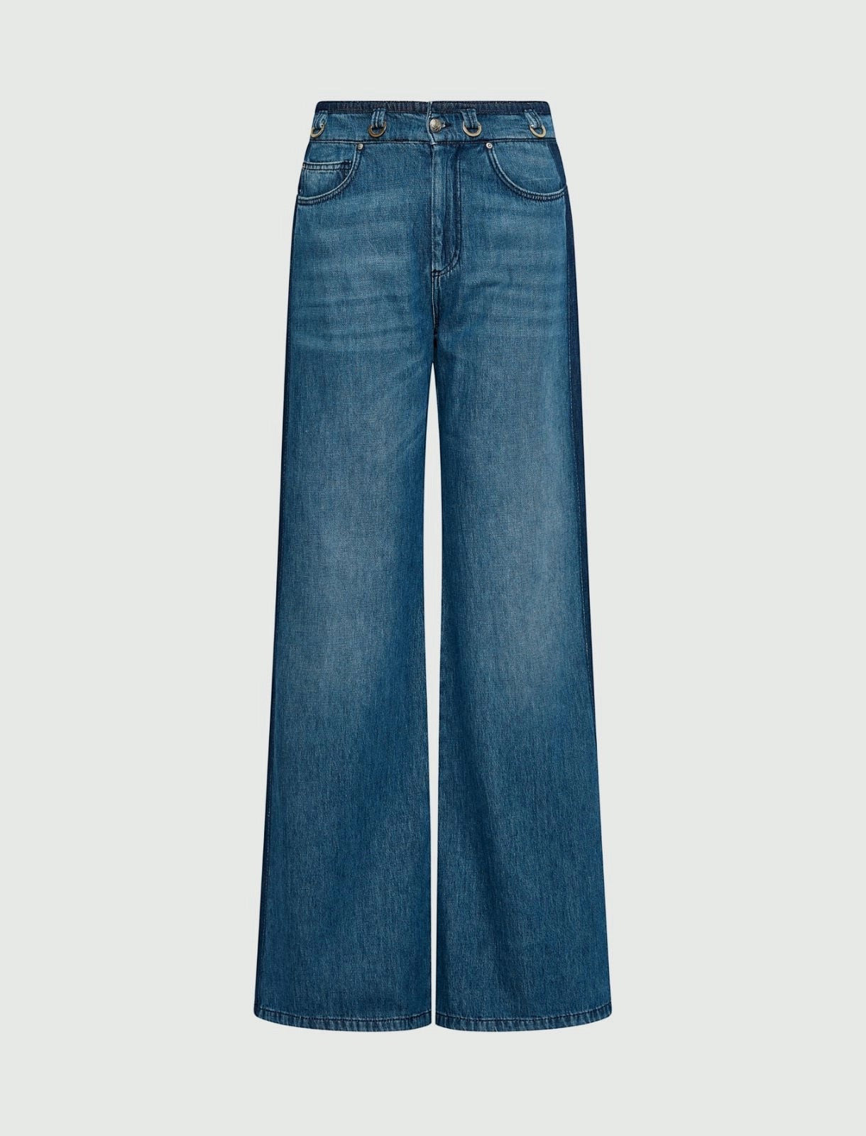 MiLA Boutique blue denim high-waisted wide-leg jeans with 5-pocket construction and darker side accents.