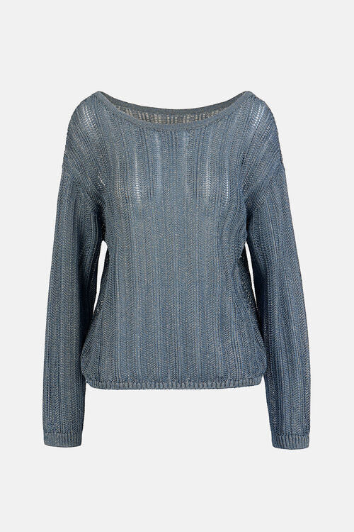 MiLA Boutique blue metallic viscose knit openwork sweater with notch neckline and dropped shoulders.