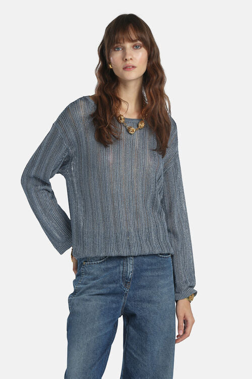MiLA Boutique blue metallic openwork viscose knit sweater with notch neckline and dropped shoulders.