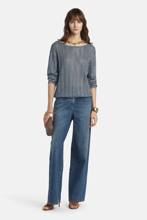 MiLA Boutique blue metallic openwork viscose knit sweater with notch neckline and dropped shoulders.