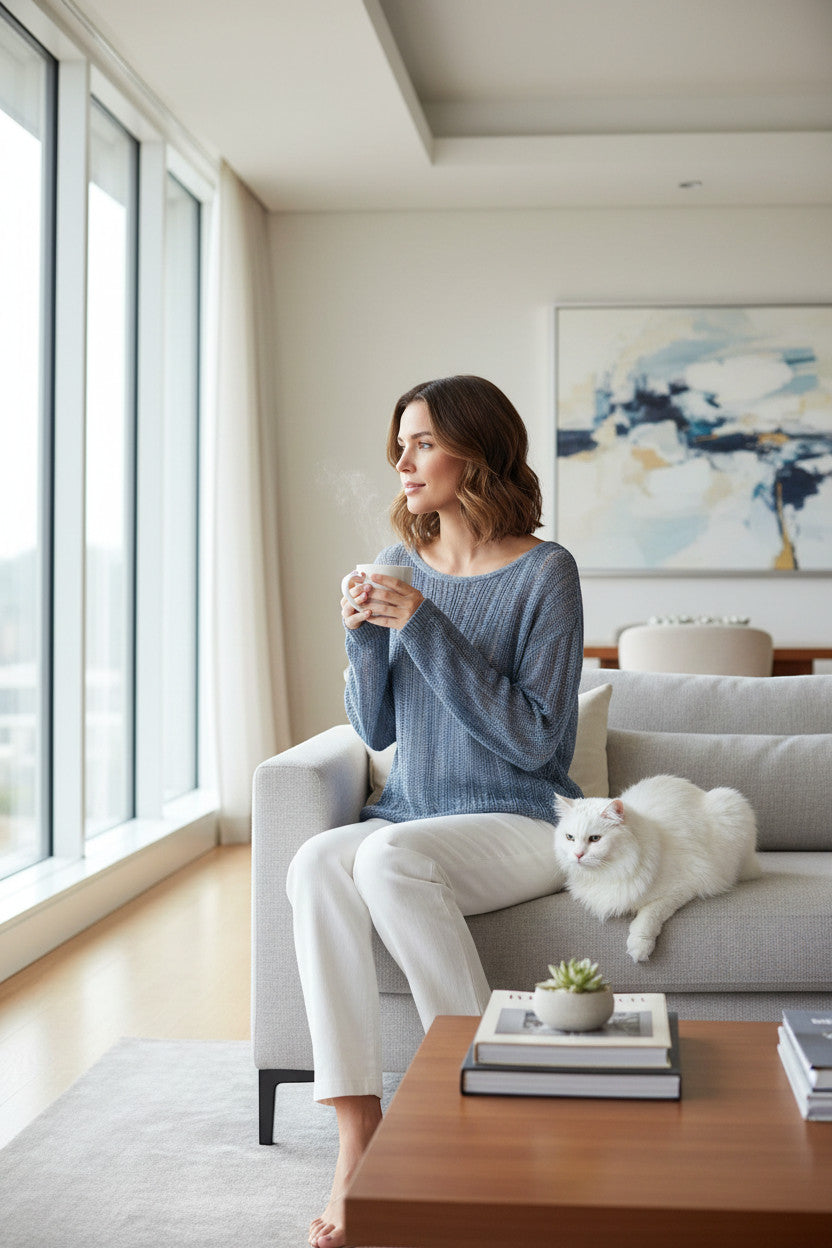 MiLA Boutique blue openwork viscose knit sweater with notch neckline and dropped shoulders, worn by a woman holding a mug.