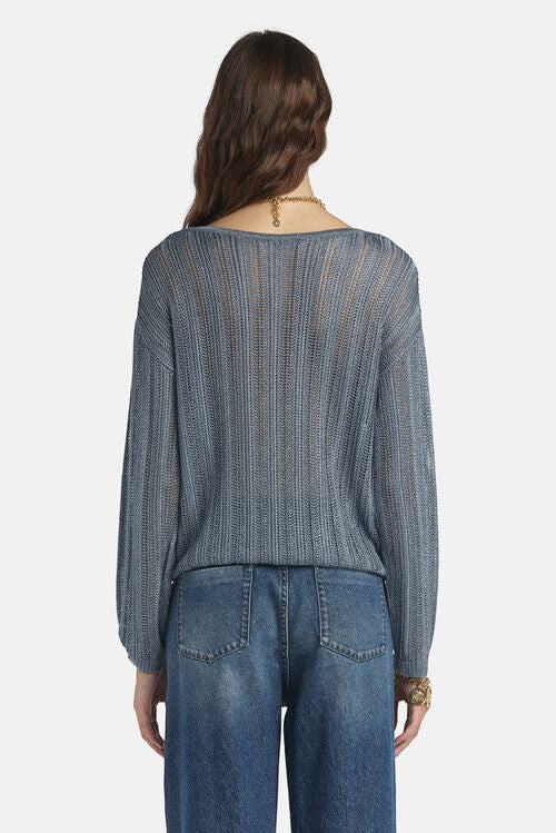 MiLA Boutique blue viscose knit openwork sweater with metallic finish and notch neckline.