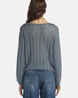 MiLA Boutique blue viscose knit openwork sweater with metallic finish and notch neckline.