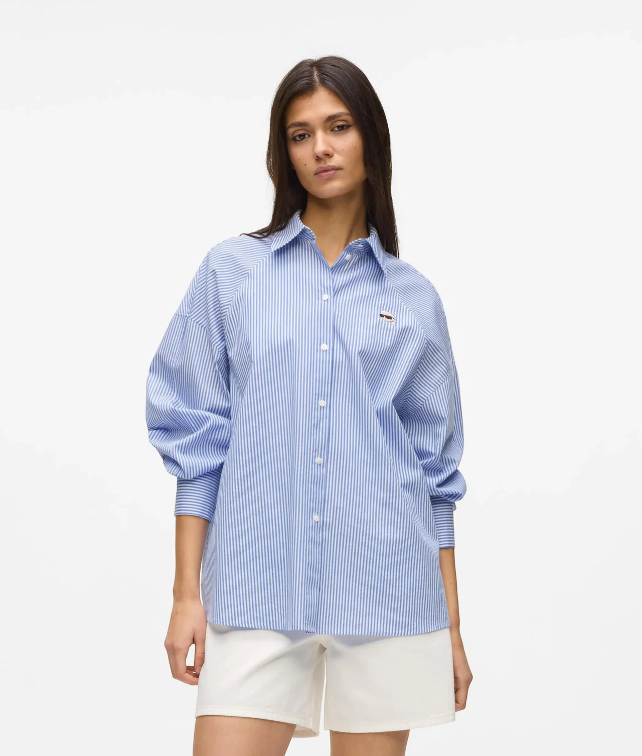 MiLA Boutique blue and white striped cotton shirt with raglan sleeves and embroidered chest patch.