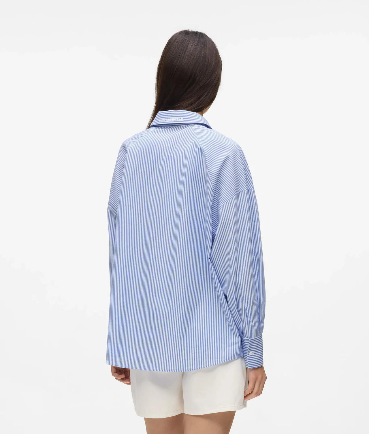 MiLA Boutique blue and white striped cotton shirt with raglan sleeves and branded buttons.