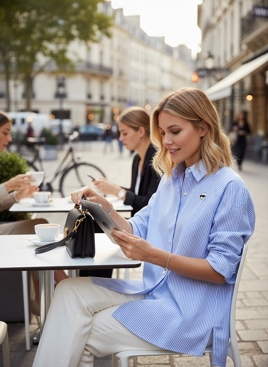 MiLA Boutique blue and white striped cotton shirt with embroidered Karl patch on chest, worn by a woman at a cafe.