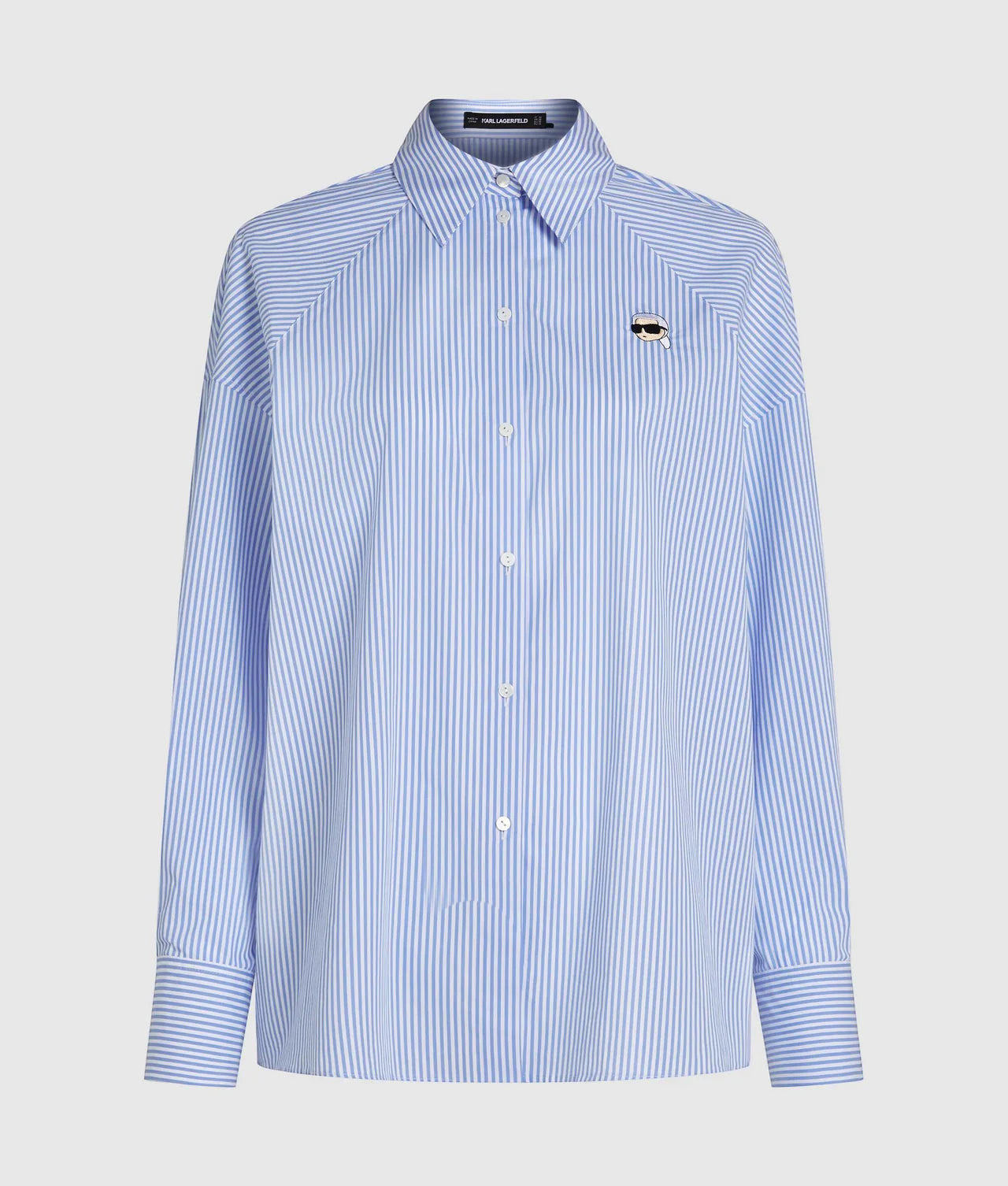 MiLA Boutique blue and white striped cotton shirt with raglan sleeves and Karl Lagerfeld patch on chest.