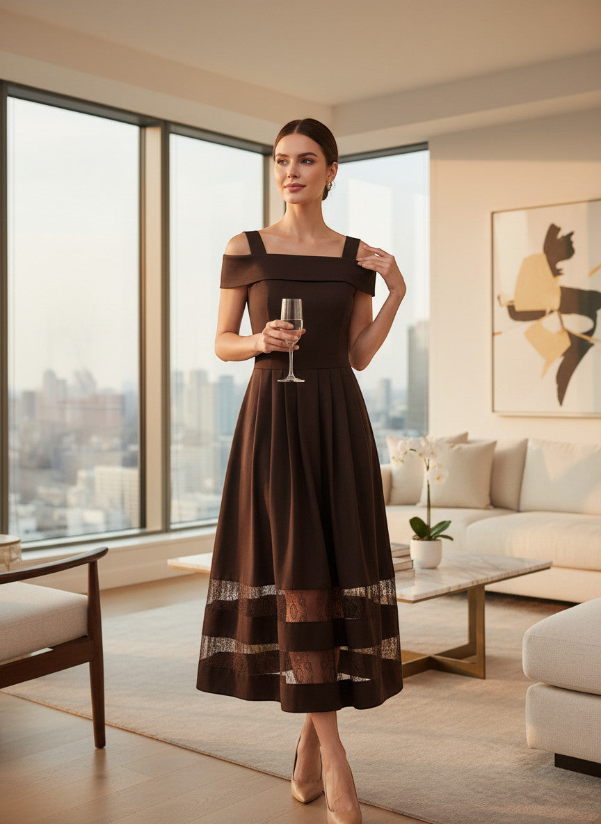 MiLA Boutique off-the-shoulder midi dress in rich brown with lace trim at the hem. Fitted bodice, pleated skirt, elegant evening wear.