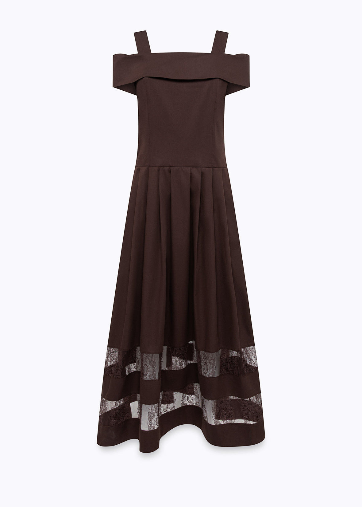 Moschino Jeans brown off-the-shoulder midi dress with pleats and lace trim hem. Elegant design for special occasions.
