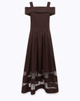 Moschino Jeans brown off-the-shoulder midi dress with pleats and lace trim hem. Elegant design for special occasions.