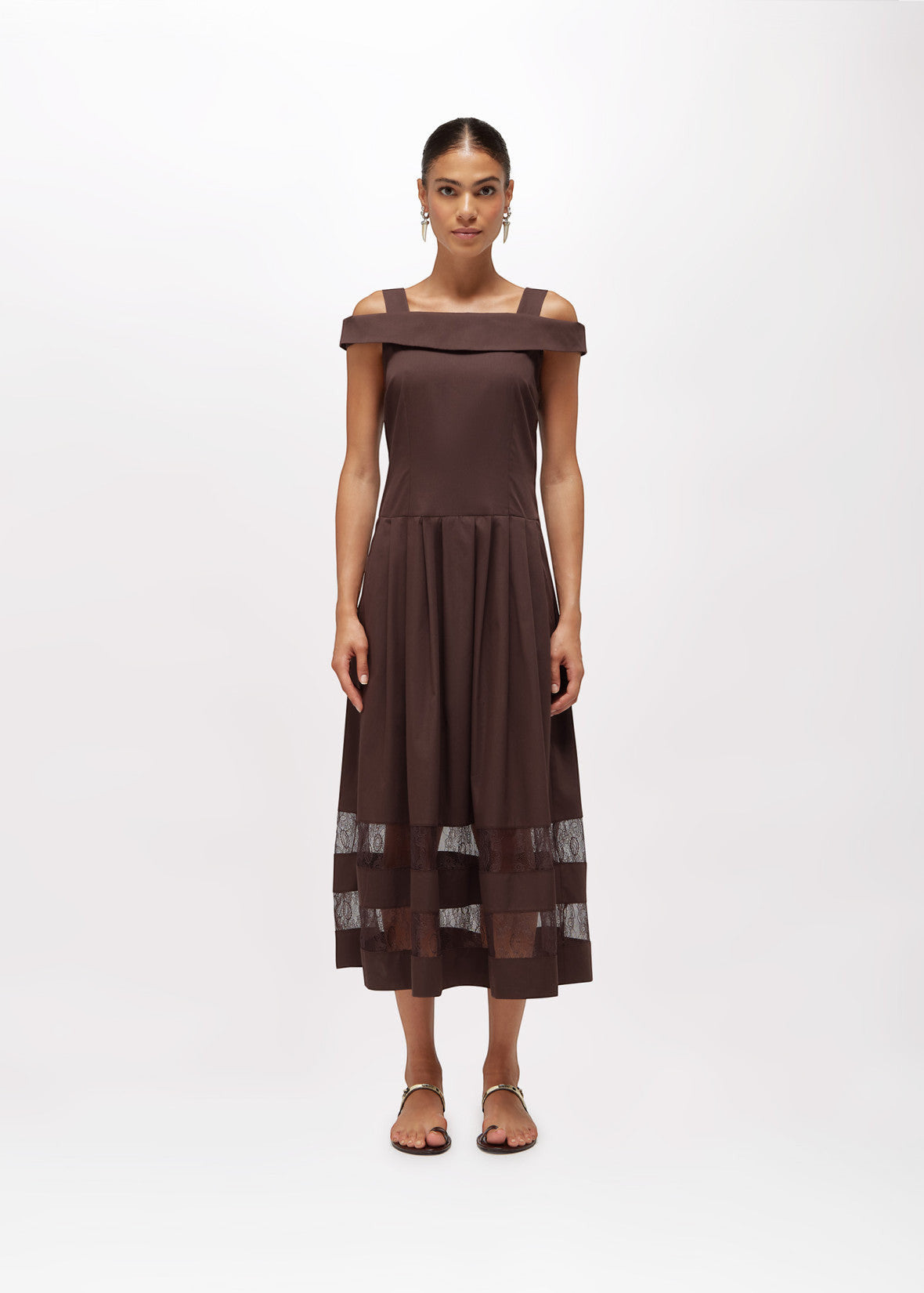 MiLA Boutique brown off-the-shoulder midi dress with lace trim and pleated skirt.