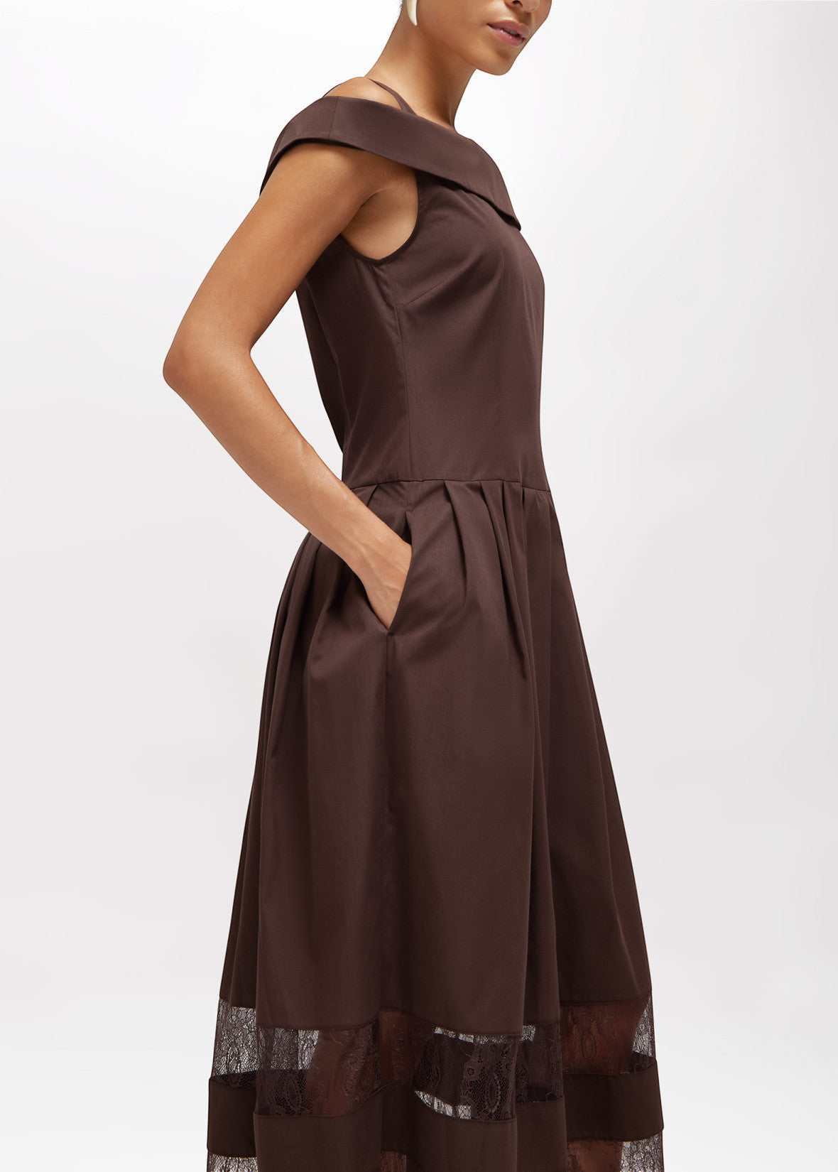 MiLA Boutique brown off-the-shoulder midi dress with lace trim and pleated skirt.