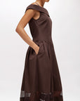 MiLA Boutique brown off-the-shoulder midi dress with lace trim and pleated skirt.