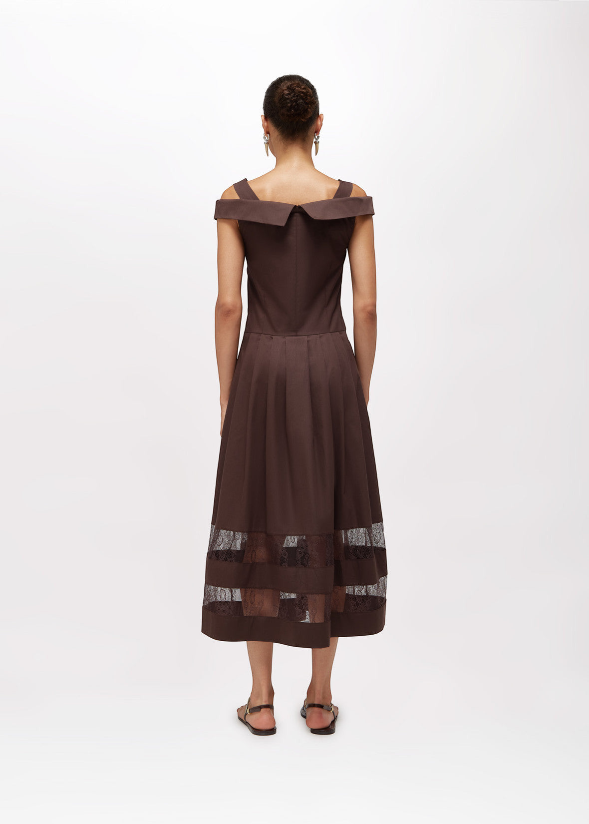 MiLA Boutique brown off-the-shoulder midi dress with lace trim and pleated skirt.
