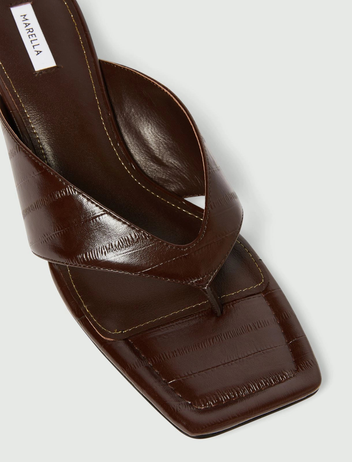 MiLA Boutique dark brown reptile-print square-toe flip flops with a 4cm lacquered heel and leather lining.