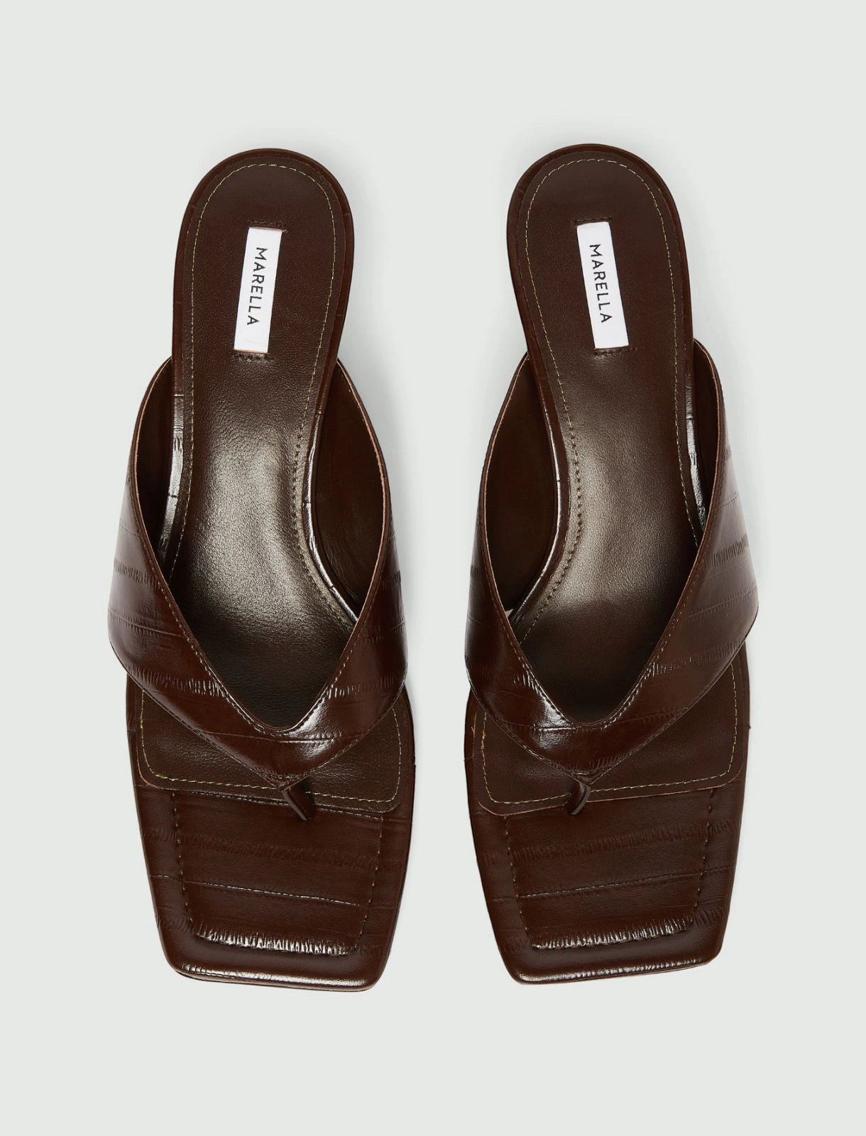 MiLA Boutique brown reptile-print square-toe flip flops with a 4cm lacquered heel and leather lining.